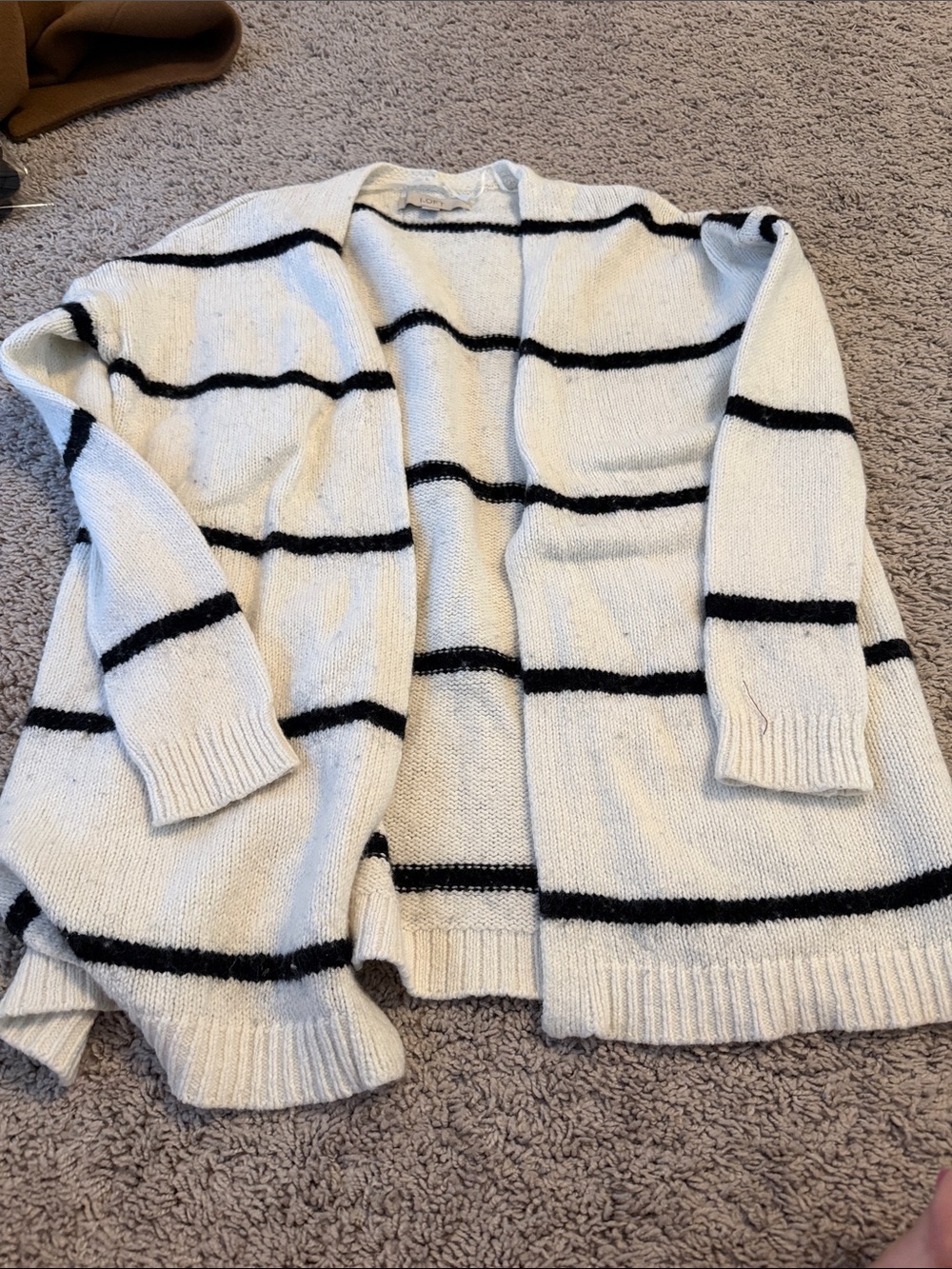 LOFT Cream and Black Striped Open-Front Cardigan